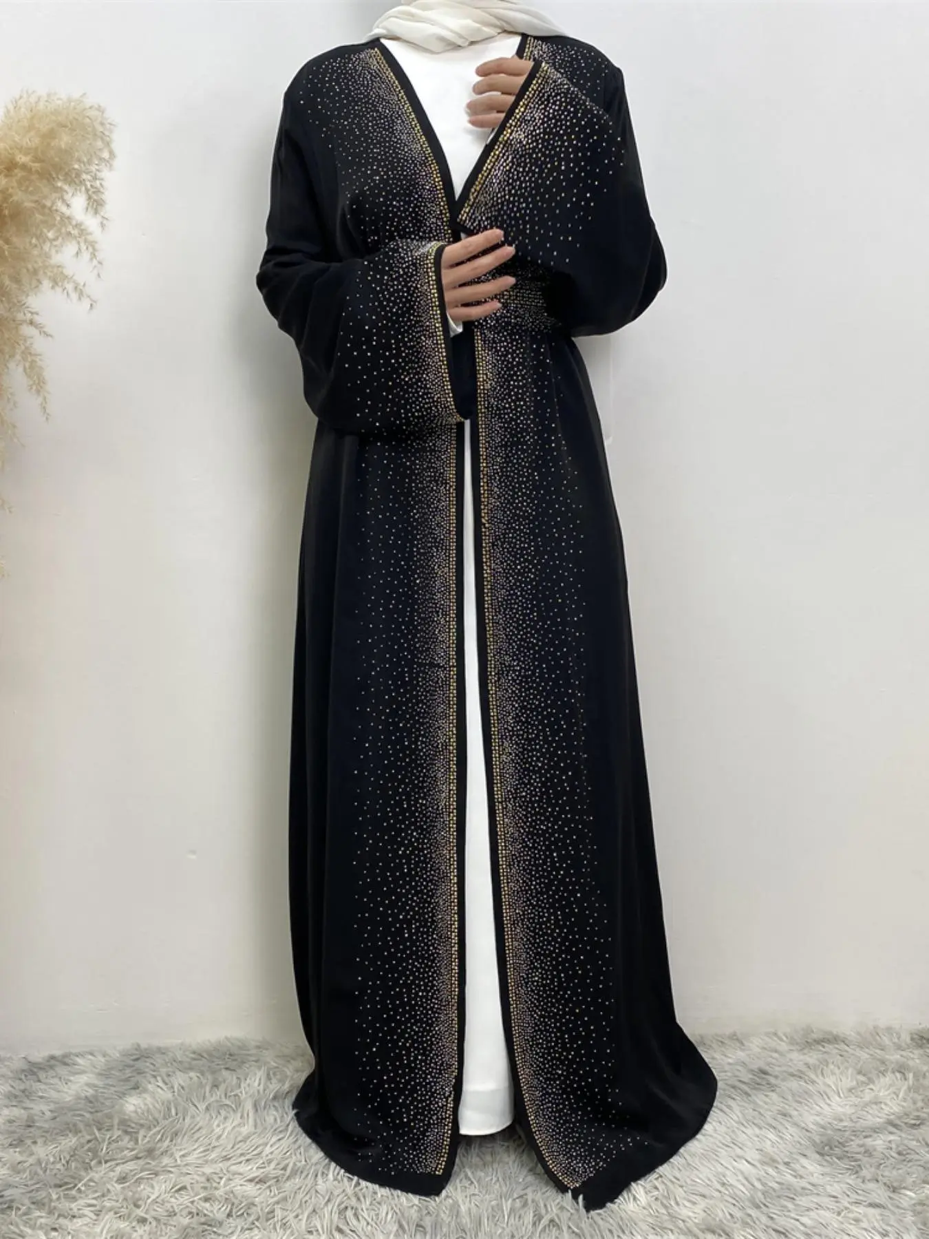 Women's Rhinestone Decor Belted Abaya without Hijab, Modest Long Sleeve Open Front Abaya for Daily Wear, Women's Islamic Clothing for Spring & Fall, Modesty Loose Fit Abaya, Islamic Modesty Clothes, Islamic Abaya Dress