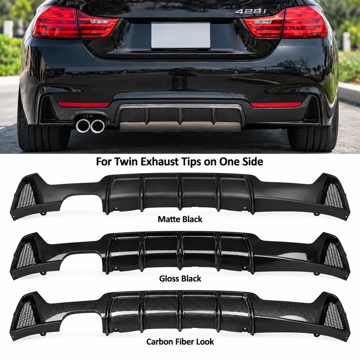 For BMW 4 Series F32 F33 F36 2014-2018 M Sport M Performance Style Rear Bumper Diffuser Lip, Matte Black, Gloss Black or Carbon Fiber Look, Twin Exhaust Tips on Left Side