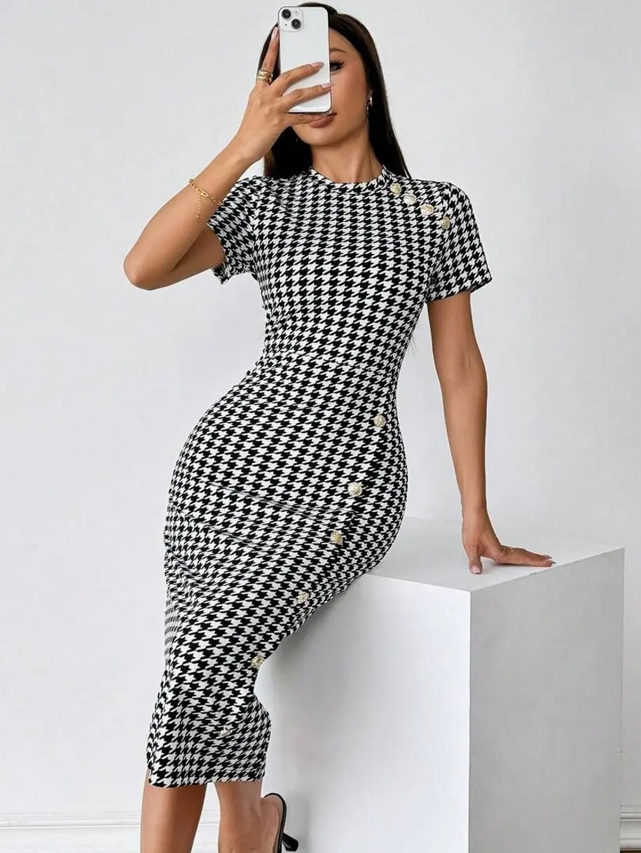 Houndstooth Fitted Dress, Short Sleeve Elegant Midi Dress, Business Casual Office Wear