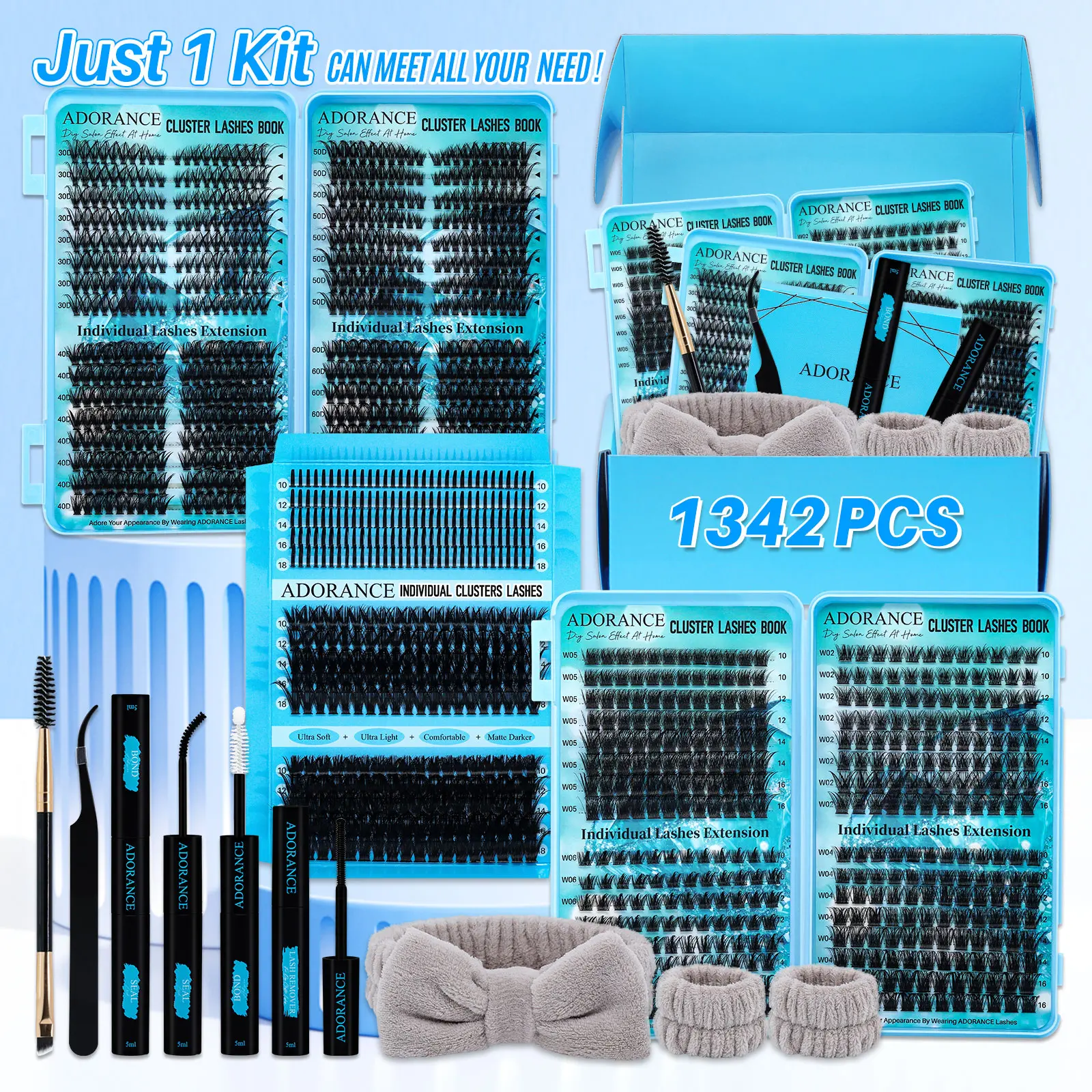 1342PCS/608PCS Lash Clusters Kit, Individual Eyelash Kit D Curl 11 Styles Mix10-18mm Cat&Doll/Spikes/Wispy/Volume Lashes Kit with Bond&Seal Lash Remover Lash Brush Lash Applicator Headband Wristband, Diy Cluster Lashes, Eyelash Tweezers