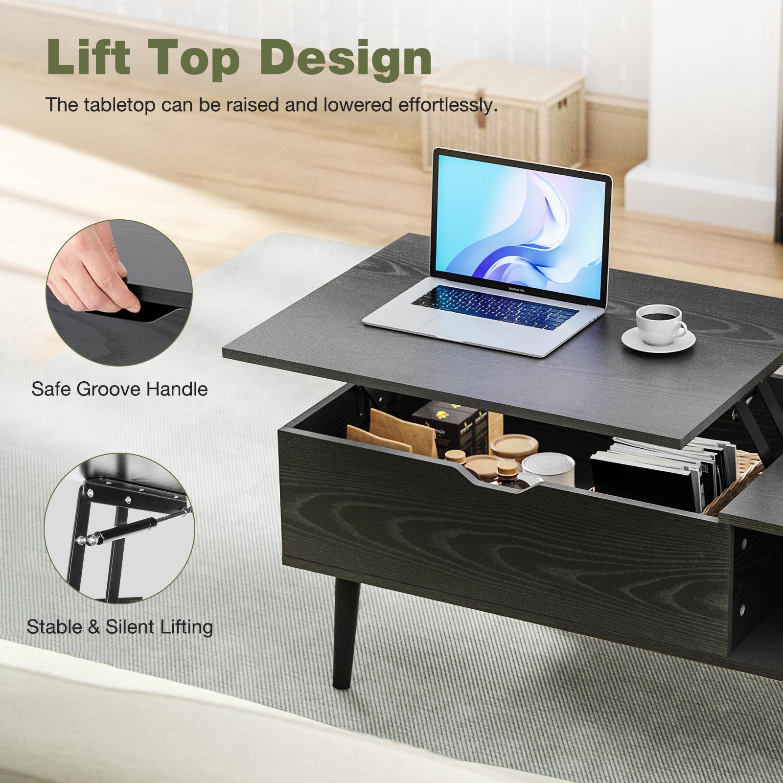 Lift Top Coffee Table with Hidden Compartment and Storage Shelf, Adjustable Wood Center Table for Living Room
