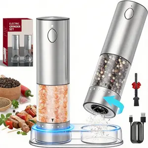 Summervibes Salt and Pepper Grinder Set Rechargeable with LED lights, Stainless Steel Automatic Pepper and GlowUp Salt Grinder Refillable with 5 Adjustable Coarseness Ceramic Kitchen Seasoning Utensils Sustainable Contact Parts fathersdaygiftid