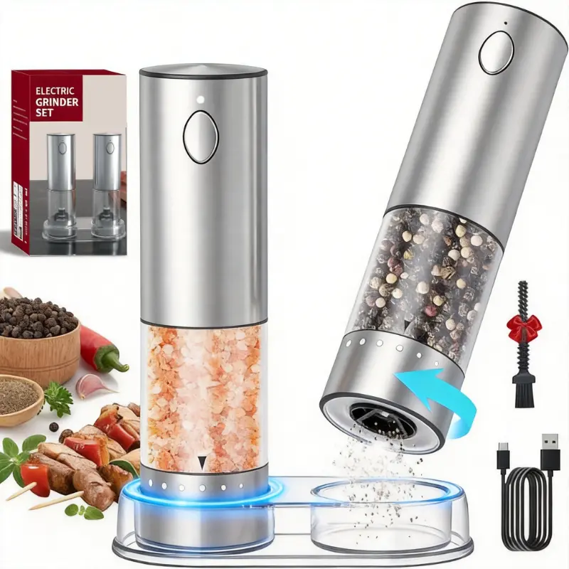 Fathersdaygift Summervibes Salt and Pepper Grinder Set Rechargeable with LED lights, Stainless Steel Automatic Pepper and GlowUp Salt Grinder Refillable with 5 Adjustable Coarseness Ceramic Kitchen Seasoning Utensils Sustainable Contact Parts, Salt And Pe