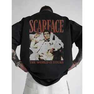 [Hot Streetwear Item] Scarface "The World Belongs to You" Retro Distressed Print Oversized Black Short-Sleeve Shirt - Retro movie pattern hip-hop aesthetic, unisex, Y2K street style casual summer outfit