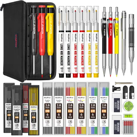 Nicpro 39-Pack Construction Pencil Set - 2.0mm Mechanical Pencils, 36pcs of 2.8mm Lead Refills, Sharpener, Case, Carbide Scribe Tool, Automatic Center Punch Tool, Deep Hole Long Nib Marker for Accurate Markings (Office Stationery Writing Accessory)