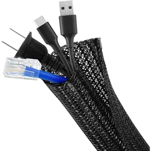16ft - 3/8 inch  Management Sleeve Cord Protector, Split Wire Loom for USB TV , Braided Wire Cover Hider Organizer Tubing Protect   from Chewing, Black
