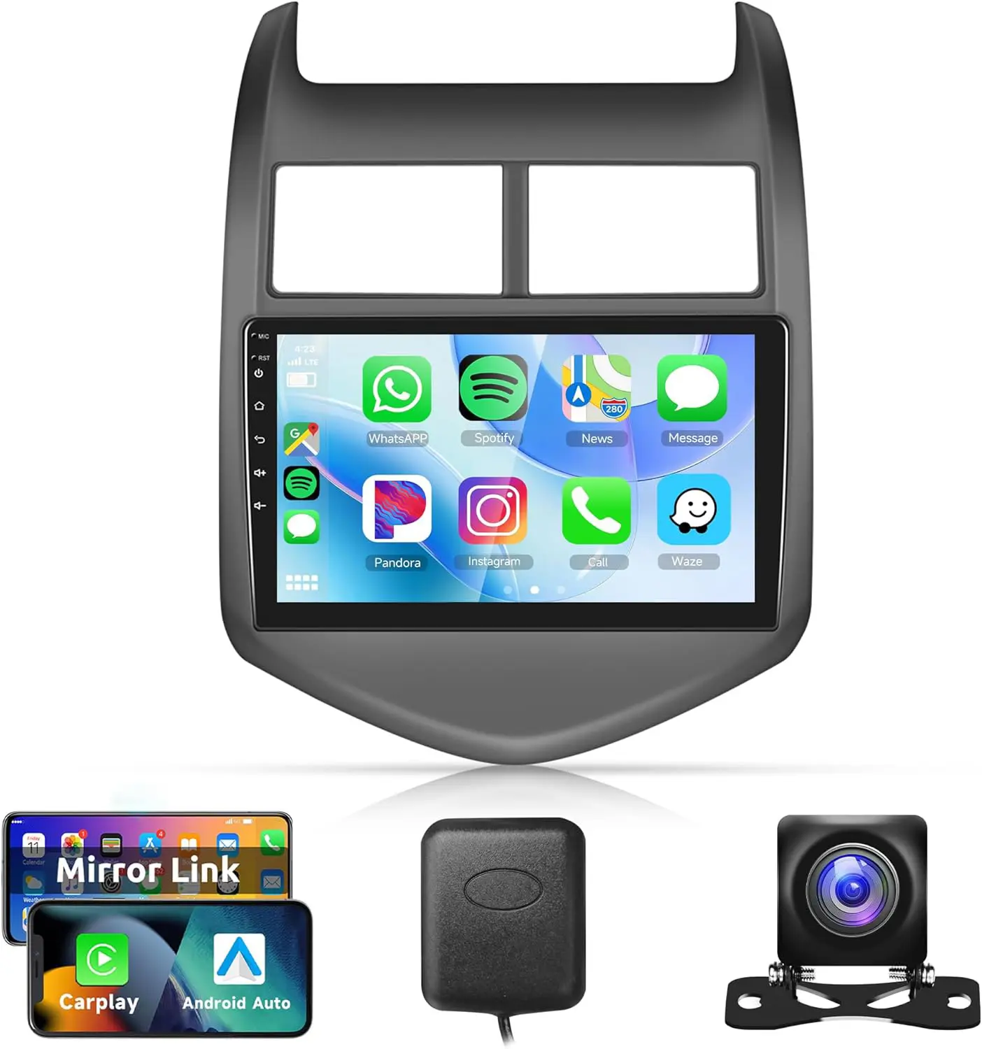 9-Inch HD Touchscreen Android Car Head Unit for Chevy Aveo 2011-2015, 2GB/4GB RAM, Wireless CarPlay & Android Auto, Rear View Camera Input (Backup Camera), GPS Navigation, Subwoofer Output, FM RDS, Steering Wheel Controls (SWC), Voice Control