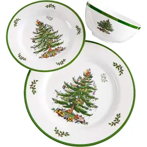 Spode Christmas Tree 12-Piece Melamine Dinnerware Set - Seasonal Dinnerware for Holiday Gatherings, Service for 4, Dishwasher Safe with Festive Christmas Tree Motif, Shatterproof & Durable Dishes