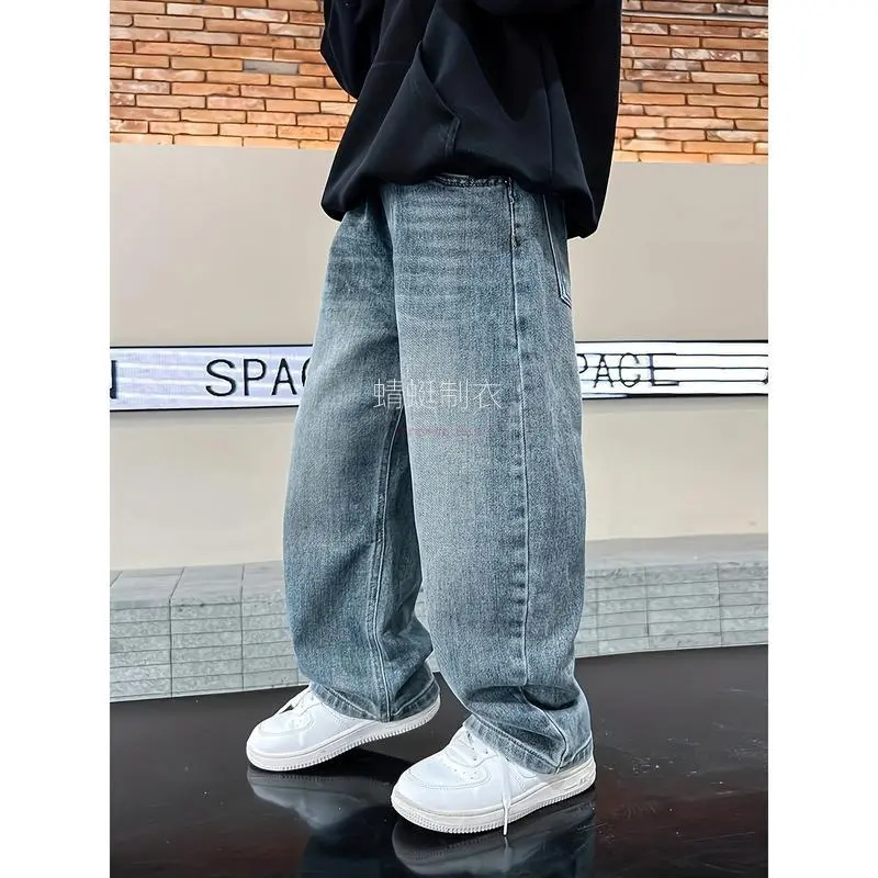 Boys' Plain Woven Streetwear Casual Pants - Full-Length, Loose-Straight Leg, Viscose-Polyester Blend, Elastic Mid Waist, Machine Washable, No Dry Clean, for Over 3 Years (5-6y,11-12y,13y,14-15y Teens)
