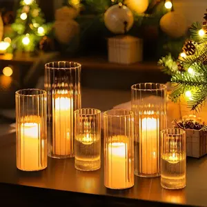 Glass Cylinder Ribbed Vases Set of 6, Tall Clear Vase for Centerpieces, Hurricane Candle Holders for Pillar or Floating Candles, Round Vases for Wedding Anniversary Events Home Table Decor