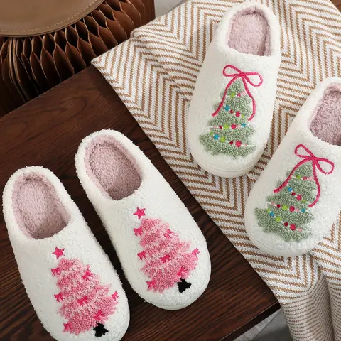 Christmas Tree Embroidered Slippers for Couples & Families, Cute Cartoon Design Indoor Shoes, Perfect Fall Winter Gift