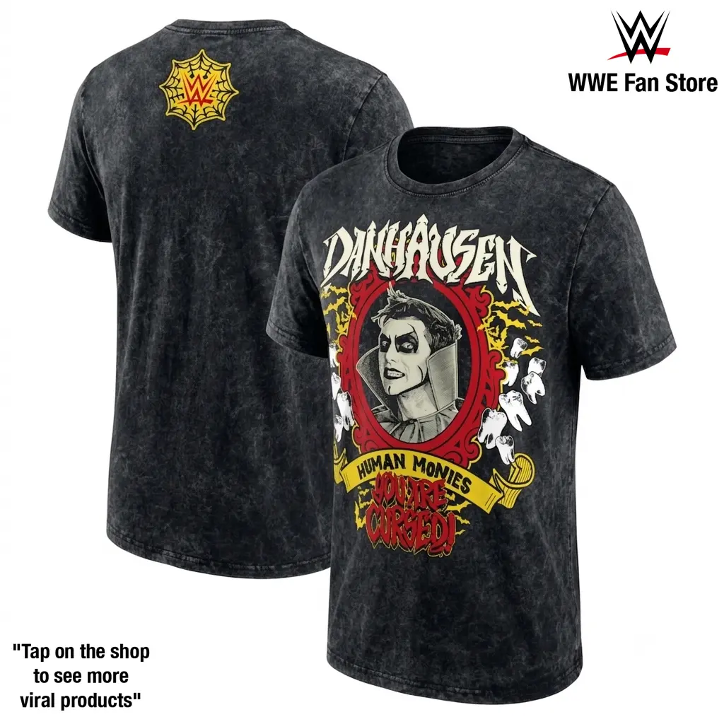 Men's Black Danhausen Human Monies Cursed T-Shirt Graphic Tee Danhausen Very Nice Very Evil Wrestling Icon AEW Fan Favorite Horror Inspired Vintage Washed Cotton Shirt Celebrating His Unforgettable In-Ring Career, Charisma, Cult Following
