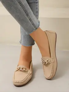Women's Casual Loafers, All-Season Slip-On Shoes, Comfortable Walking Flats, Metal Buckle Decor, Ideal for Work & Daily Wear, Metallic, Footwear