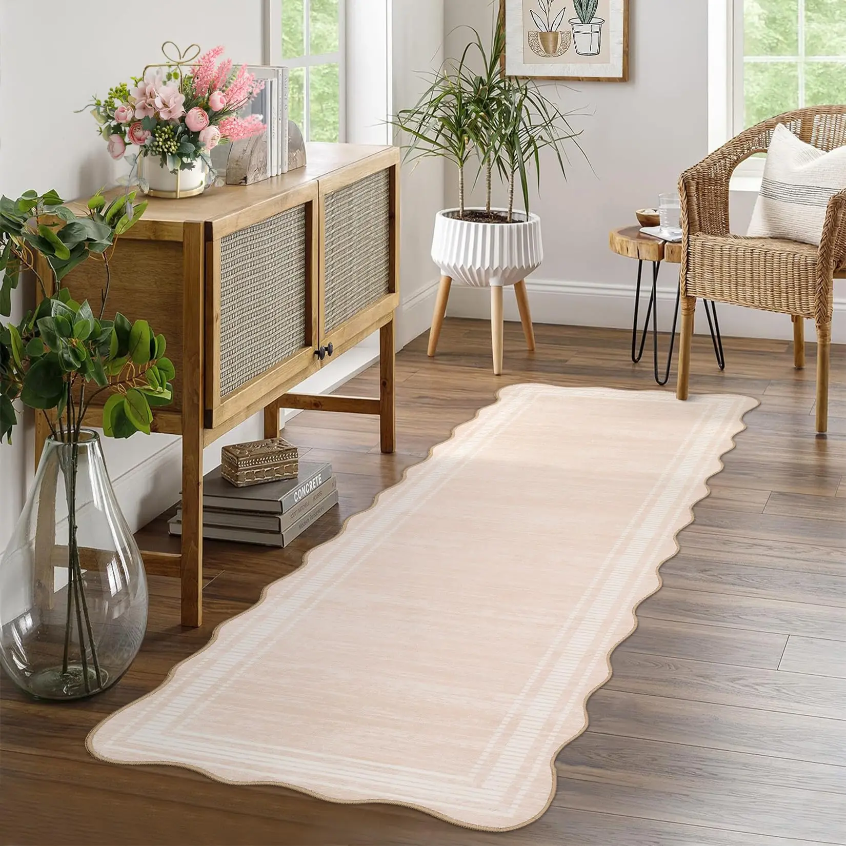 2x6 Hallway Runner Rug Modern Scalloped Area Rug Washable Kitchen Runner Rug Stain Resistant Entry Rugs Non Slip Low Pile Floor Cover for Living Room Bedroom Dining Room，Beige