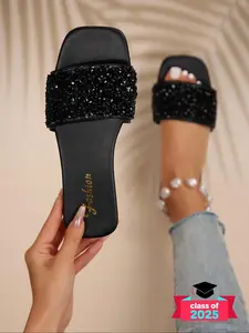 Women's Rhinestone Decorated Slide Sandals, Casual Slippers, Comfortable Flat Sandals for Beach Vacation, Fashionable Shoes for Daily Wear