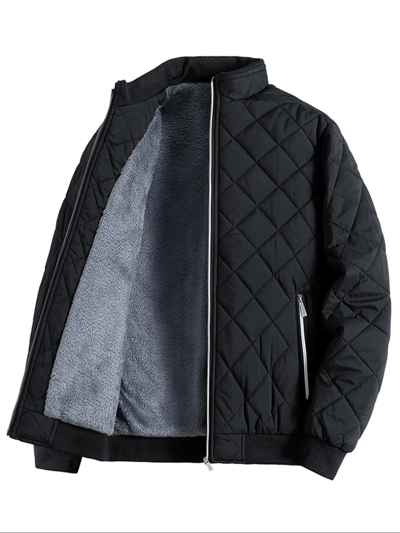 Men's Solid Zip Up Funnel Neck Thermal Lined Fleece Jacket, Regular Fit Casual Long Sleeve Zip Front Outerwear for Fall & Winter, Men's Clothes for Daily Wear, Zippered Jacket