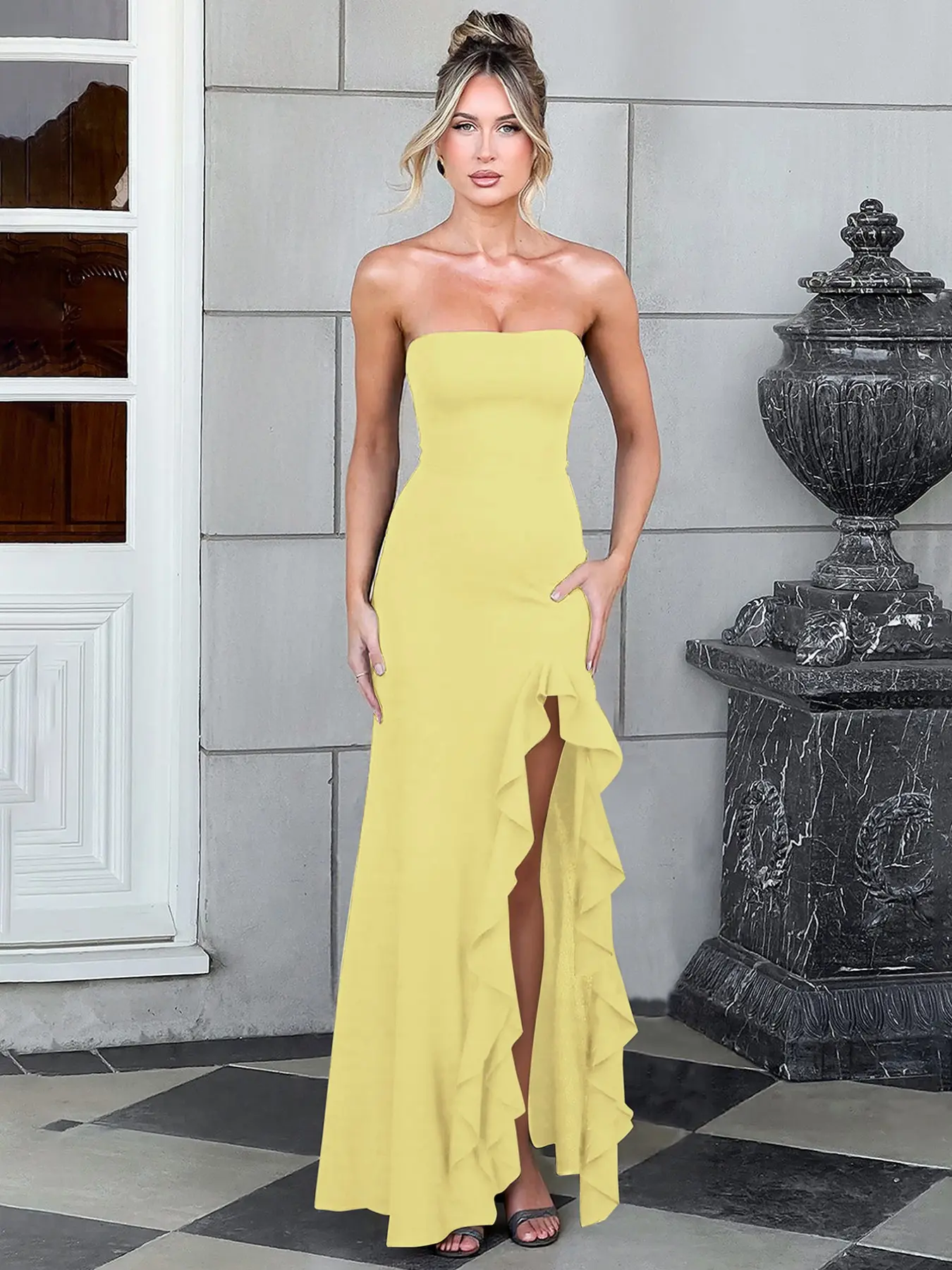fitted long dress with split Long Satin Strapless V-neck Prom Dresses Leg Split Evening Gowns main image 0