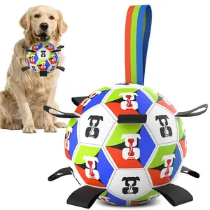 Dog Soccer Ball Toy 15cm - Interactive Tug Chew Fetch Ball with Nylon Ropes, High Bounce, Durable for Small Medium Dogs, 2 Colors, World Cup Inspired, Interactive Training Ball/DogSoccerBall /InteractiveDogToy /TugChewBall /WorldCupDogToy