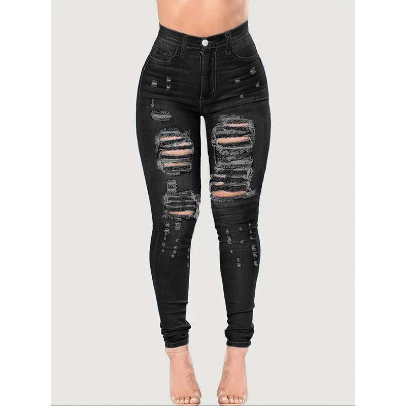 Women's Plus Size High Rise Stretchy Skinny Ankle Jeans, Butt Lifting Ripped Distressed Washed Denim, American Retro High Street Basic Style Pocket Button Pants for Daily & All-Season Wear