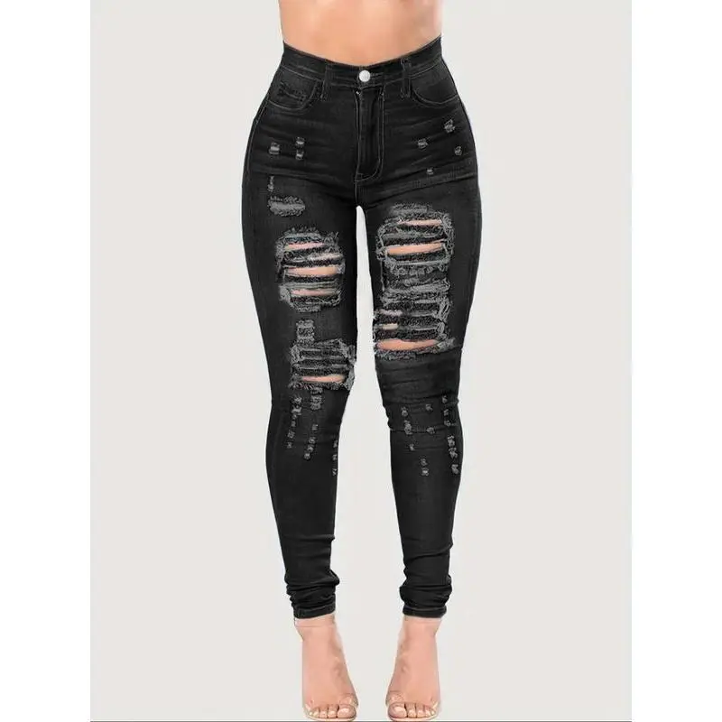 Women's Plus Size High Rise Stretchy Skinny Ankle Jeans, Butt Lifting Ripped Distressed Washed Denim, American Retro High Street Basic Style Pocket Button Pants for Daily & All-Season Wear