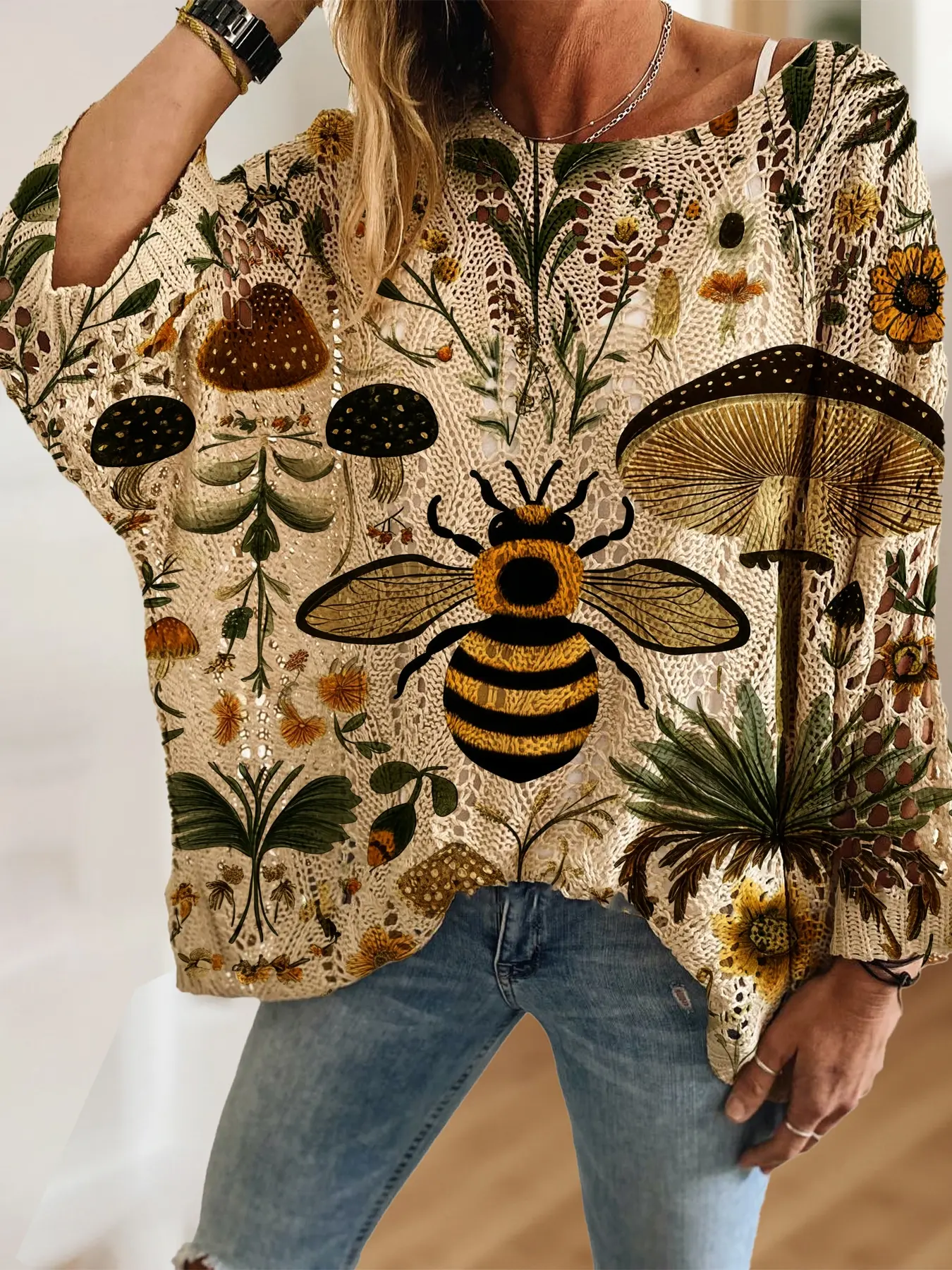 Women's Boho Forest World Mushroom Floral Bee Animal Print Knit Hollow Out Top, Long Sleeve Batwing, Casual Elegant Vacation Style Sweater Knitwear, Comfortable Breathable, Knitted Sweater