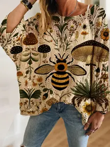 Women's Boho Forest World Mushroom Floral Bee Animal Print Knit Hollow Out Top, Casual Elegant Vacation Style Sweater, Comfortable Breathable