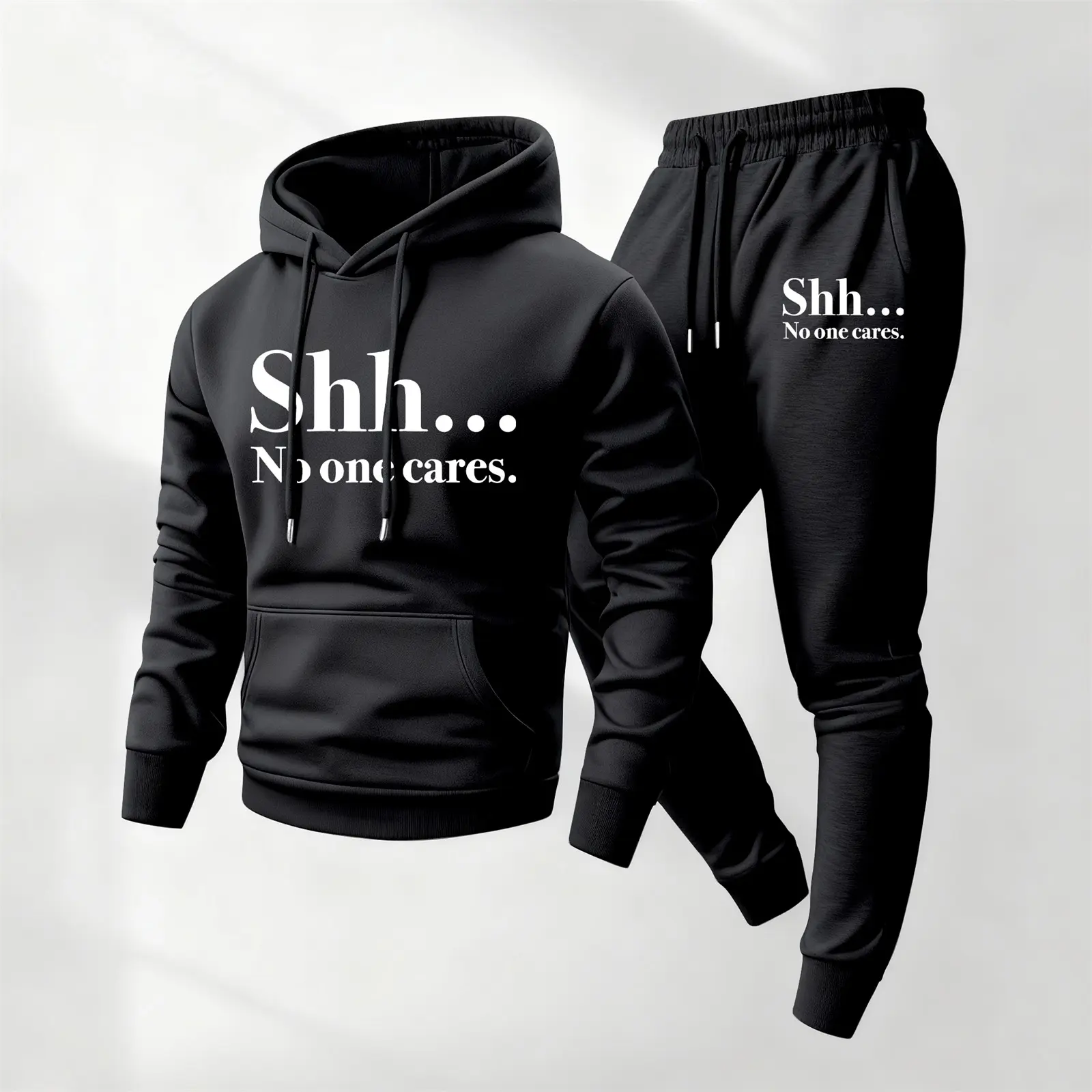 Men's Shh Printed 2-Piece Sweatsuit Set - Casual Athletic Long-Sleeve Hooded Jacket, Drawstring Sweatpants, Streetwear Tracksuit for Fall, Winter Daily Wear
