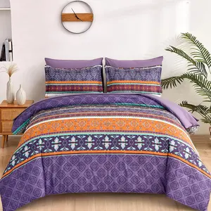 Boho Comforter Set Queen Size,7 Pieces Bohemian Comforter Bedding Set Bed in a Bag,Purple Paisley Floral Comfortet and Sheet Set,Soft Microfiber Striped Bedding Sets for All Season
