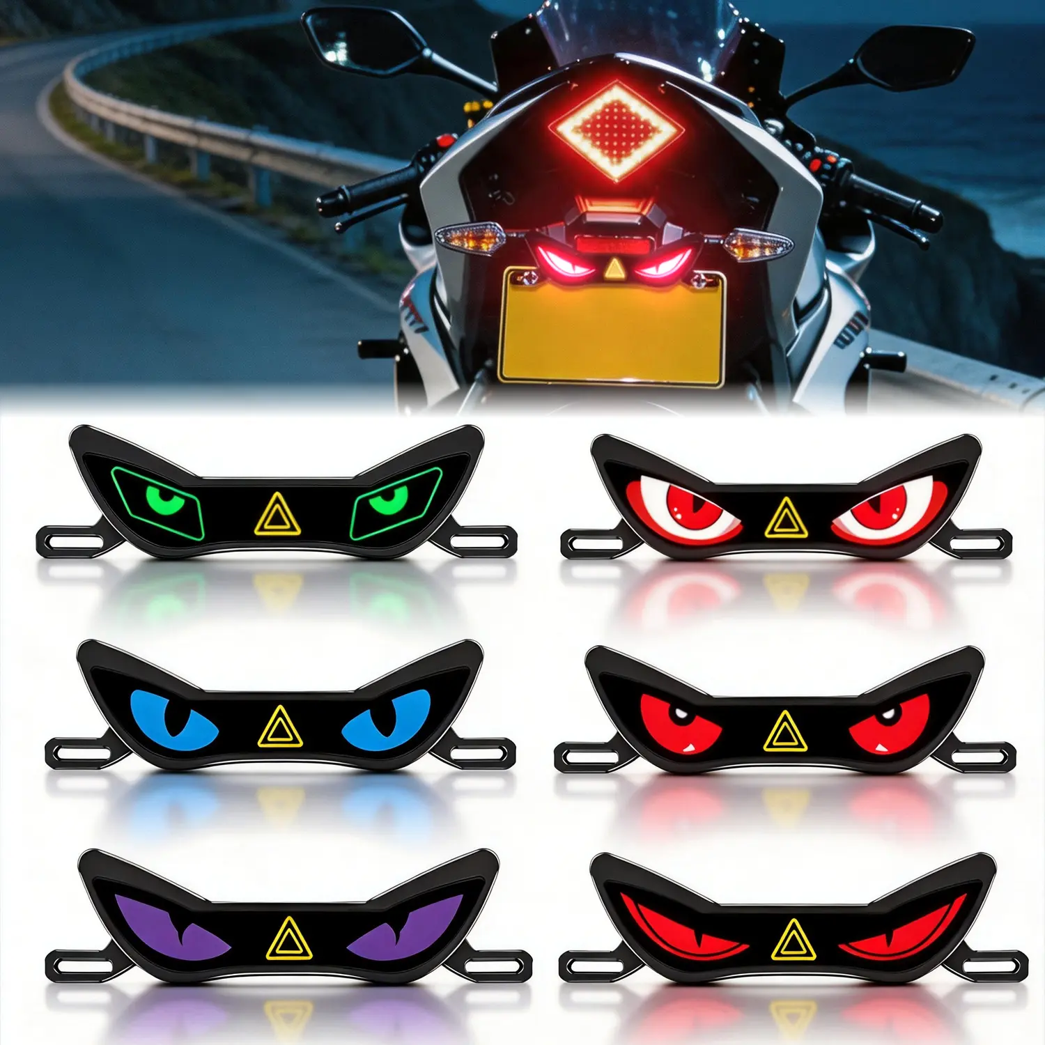 Led Motorcycle Devils Eyes Tail Light, High Brightness Demon Eye WarningLight with Muti Lightings Mode, ABS Motorcycle Rear License Plate Animated Cool Ambient Light Easy Mount Night Decoration (Red)