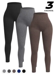 3pcs Women's Seamless Soft Athletic Stretchable Yoga Pants, High Waisted Ribbed Fitness Leggings, Perfect for Running, Cycling, and Gym Use, Comfortable Sportswear