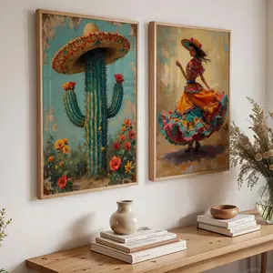 [UNFRAMED] Colorful Mexican Folk Art Poster, Mexican Woman Painting, Cactus with Sombrero Art, Mexican Dancer Art