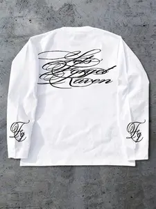 Men's "Never Forget" Chicano Script Long Sleeve Fitted Shirt, Graphic Tattoo Style Streetwear Casual Tee, Menswear