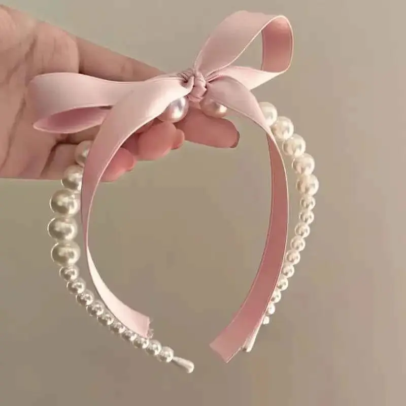 Vintage Pearl Headband, Pink Bow Ribbon