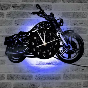 1 unique motorcycle vinyl record wall clock 7-color LED (batteries not included) Retro gift for men, record room decoration, creative art decoration for garage, workshop, farmhouse, New Year Valentine's Day birthday party gift halloween activity