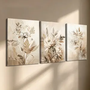 3 Pcs/Set Wooden-Framed Canvas Painting, Neutral Beige Floral Watercolor Triptych Canvas Wall Art, Minimalist Botanical Print for Living Room, Bedroom, Office Decoration, Modern Home Decor, Fashion Artistic Ornaments, Artwork