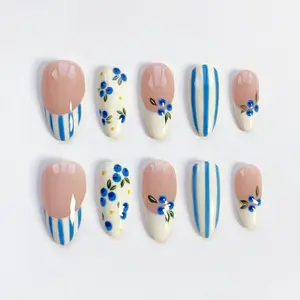 Blue Striped Nails, Blueberry Press on Nails, Fruit Nails