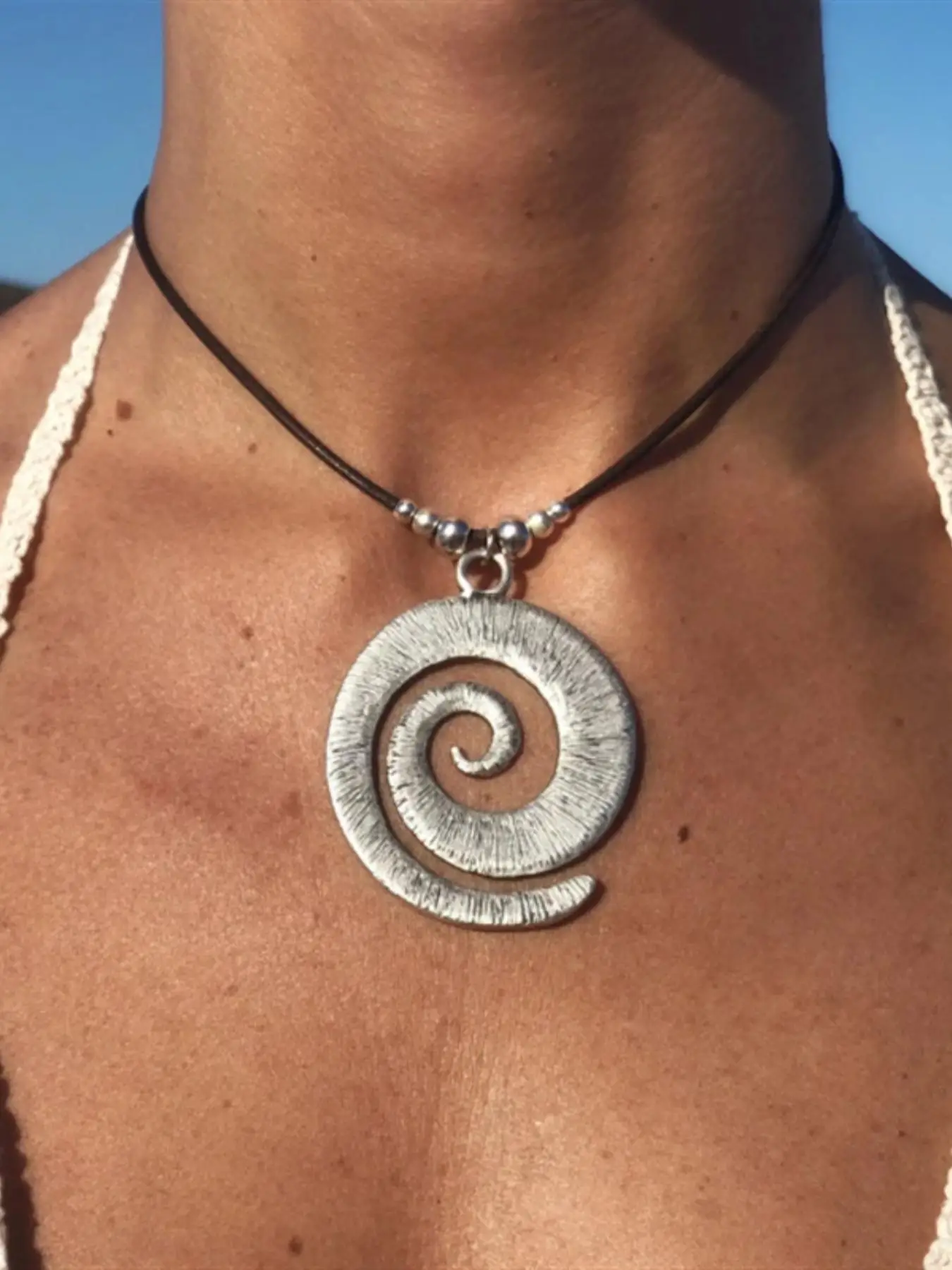 Women's Vintage Spiral Design Pendant Necklace with Leather Cord, Boho Chic Jewelry, Mexican Necklaces, Charm Necklace, Statement Necklace, Necklaces