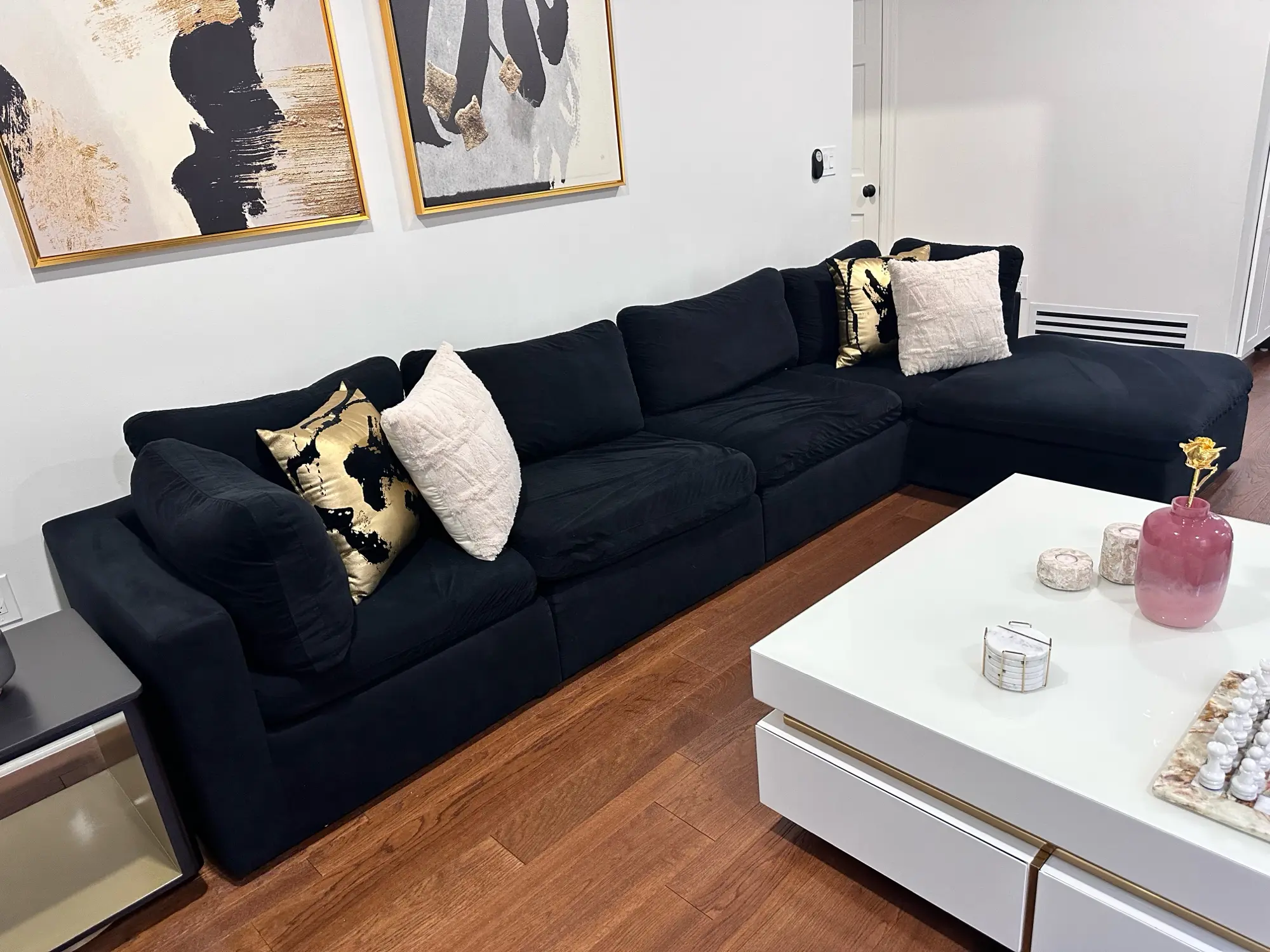 Plush Velvet Standard Cloud Modular Down Filled Overstuffed Reversible Sectional Sofa in Black with Cozy Pillows