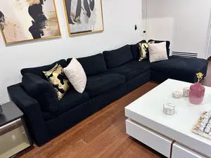 Plush Velvet Standard Cloud Modular Down Filled Overstuffed Reversible Sectional Sofa in Black with Cozy Pillows