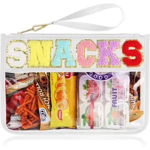 Snack Bag for Travel - Clear Chenille Varsity Letter Flat Pouch with Zipper,  Clear Nylon Preppy Patch Makeup  tote Bags for Women Girls