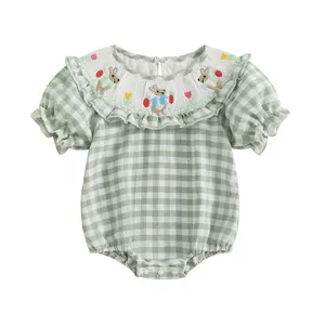 Newborn Baby Girl Smocked Western Romper Short Sleeve Bubble Rompers Summer Clothes Plaid Print Embroidery Bow Bodysuit Tops