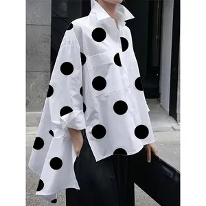 Women's Stylish Pink Polka Dot Long Sleeve Button-Up Shirt with Side Slit and Lapel Collar - Casual Polyester Blend for All Seasons, Allseason Apparel |   Buttonup Front |   Glossy Fabric