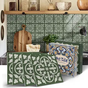 12/24 PCS ART PE Crystal Tile Stickers Gift Box | Country Style Green White Floral Tile Wall Decals | Waterproof & Oil-Proof | Multi-Surface Decor for Kitchen, Bathroom, Floor, Ceiling, Tiles & Old Wood