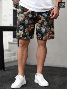 【plus size】 floral print shorts, casual comfy breathable shorts for summer, men's bottoms for daily wear, menswear, loungewear