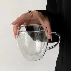 High Borosilicate Transparent Water Cup, Creative Handle Coffee Mug, Heat Resistant Dual Wall Glass, Insulated Glass Cup, Durable Glass Cup, 150ML/250ML/350ML Options