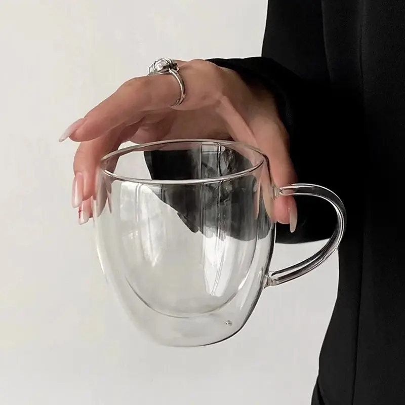 High Borosilicate Transparent Water Cup, Creative Handle Coffee Mug, Heat Resistant Dual Wall Glass, Insulated Glass Cup, Durable Glass Cup, Glass Drinking Cup, 150ML/250ML/350ML Options