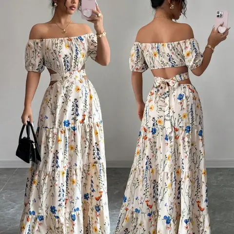Elegant Backless One-Shoulder Tie Dress for Women Floral Print Long Strappy Gown for Formal Occasions and Special Events