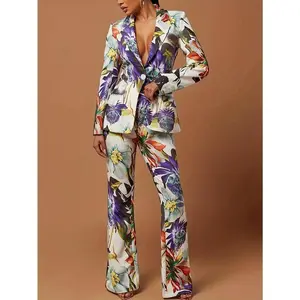 Elegant floral print two-piece suit for women — chic lapel collar and pants, long sleeves, button details, polyester blend, perfect for spring/fall, office or wear; Wear Suit | Chic Lapel | Polyester Blend Suit Blazer Casual
