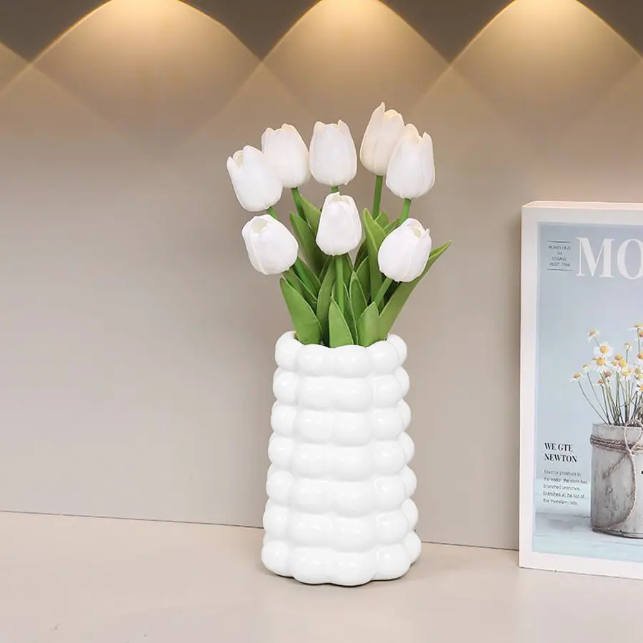 Bubble Texture Plastic Decorative Vase 7in - Shatterproof Matte White, Wabi Sabi Decor, Flower Vases For Centerpieces, Table Decor for Fresh/Dried Flowers, Desk & Bedroom, Pet Friendly Lightweight