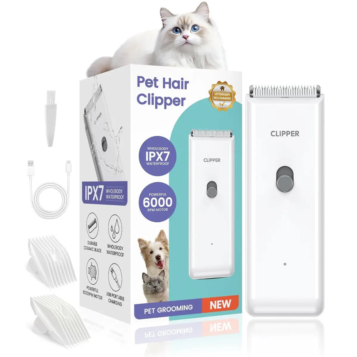 Cordless Professional Dog & Cat Grooming Clipper Kit, Low-Noise USB Rechargeable Electric Trimmer for Matted & Long Hair of Small-Medium Pets, Handy Home Grooming Tool